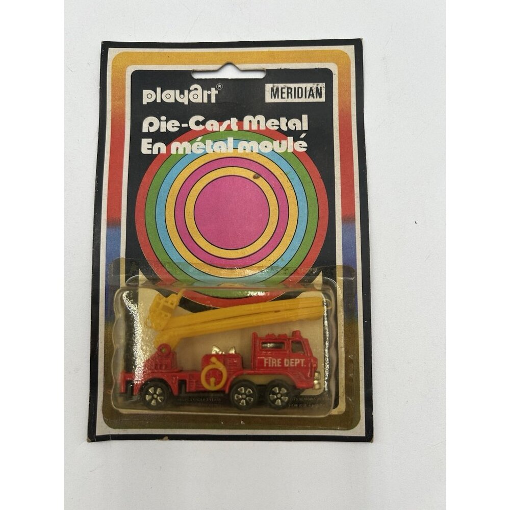 PlayArt Meridian fire truck Cast Metal Yellow Red On Card UnPunched Hong Kong